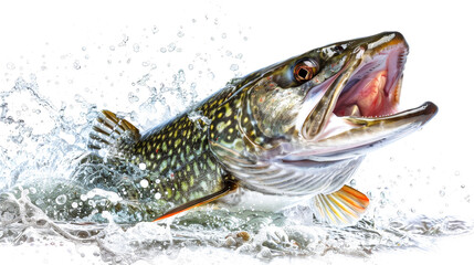A vibrant pike fish breaks the surface, water splashing around as it leaps, showcasing its striking features and dynamic energy
