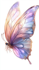 A glowing cartoon fairy butterfly with multicolored wings in lavender, aqua, and pink, flies against a white background. Its body sparkles, and its eyes twinkle with curiosity.