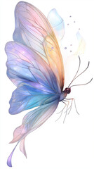 Obraz premium A glowing cartoon fairy butterfly with multicolored wings in lavender, aqua, and pink, flies against a white background. Its body sparkles, and its eyes twinkle with curiosity.