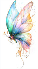 A glowing cartoon fairy butterfly with multicolored wings in lavender, aqua, and pink, flies against a white background. Its body sparkles, and its eyes twinkle with curiosity.