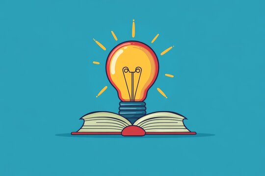 A flat design of a light bulb with a book seamlessly integrated into its base, representing the connection between knowledge and ideas driving growth. 