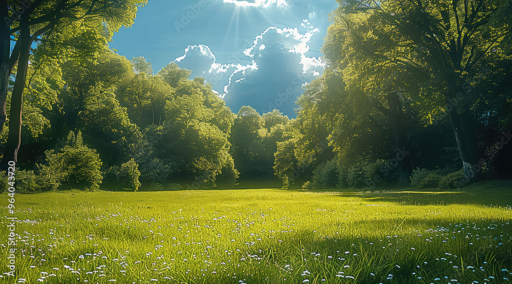 Poster in summer, grass, grass occupies the bottom. yellow to green gradation. sunlight shining on a flat m