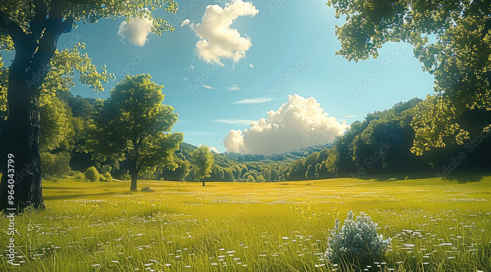 Aufkleber in summer, grass, grass occupies the bottom. yellow to green gradation. sunlight shining on a flat m