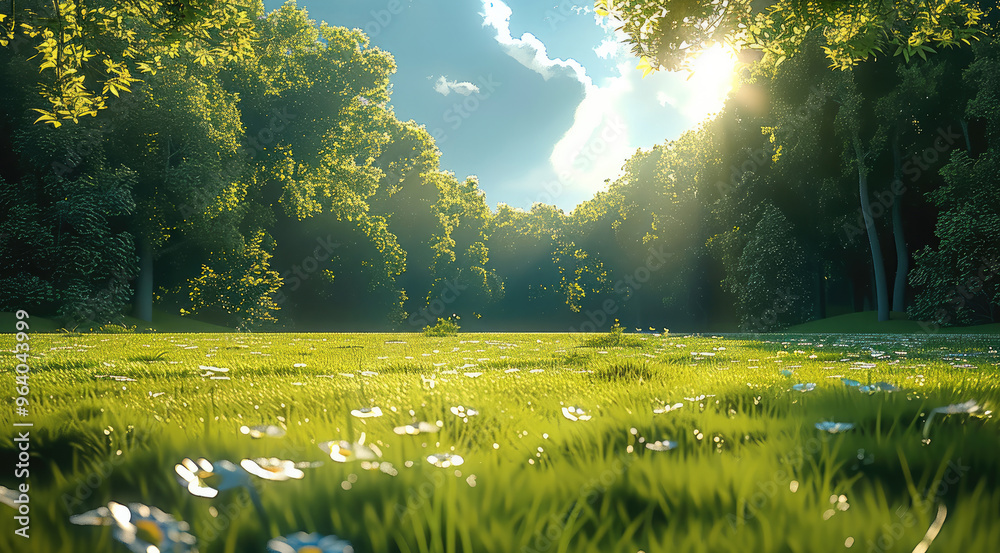 Poster in summer, grass, grass occupies the bottom. yellow to green gradation. sunlight shining on a flat m