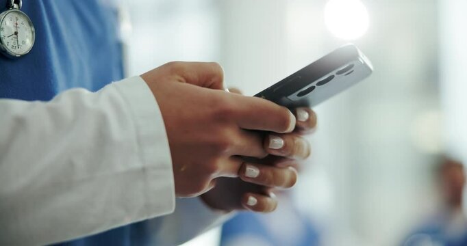 Phone, hands and nurse typing in hospital for electronic records, telehealth or online consultation. Contact, communication and medical worker with tech for virtual clinic service on healthcare app.
