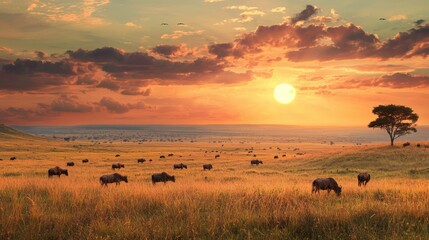 A scenic view of the African savanna with grazing wildlife and a setting sun