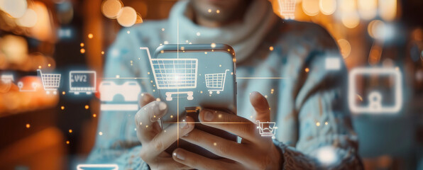 Person using mobile phone for online shopping with holographic shopping icons in background. Generative AI.