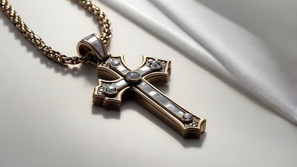 Golden Christian cross necklace on white background. A symbol of Christianity.