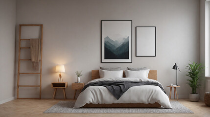 An empty mockup poster frame above the bed interior design background, Modern home interior image.