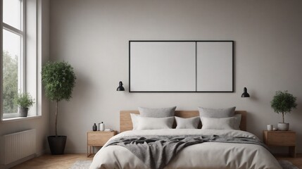 An empty mockup poster frame above the bed interior design background, Modern home interior image.