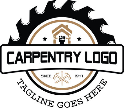 Carpenter saw logo design with handyman vector emblem