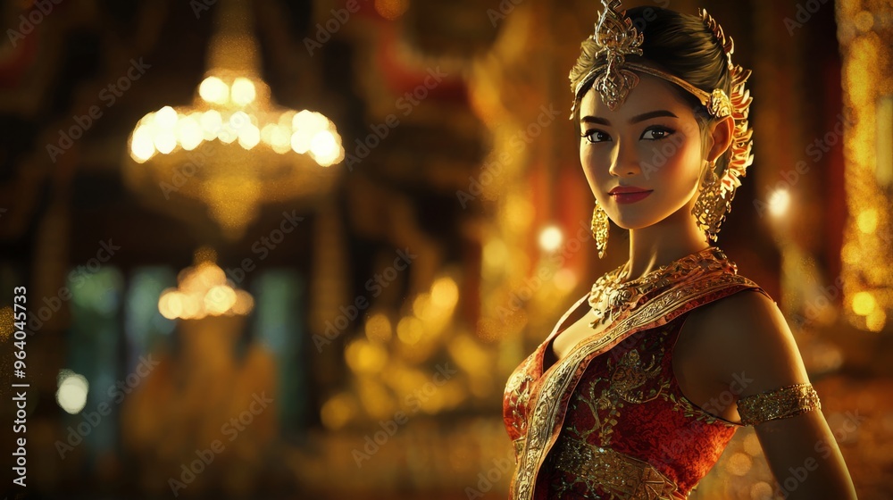 Wall mural A beautiful young woman in traditional Thai dress and jewelry, standing in a temple with soft light.