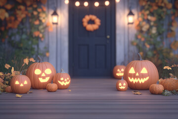 Obraz premium Halloween Porch Glow: A festive scene of glowing jack-o'-lanterns on a porch steps, lit by string lights and lanterns. The warm glow creates a welcoming and spooky atmosphere.