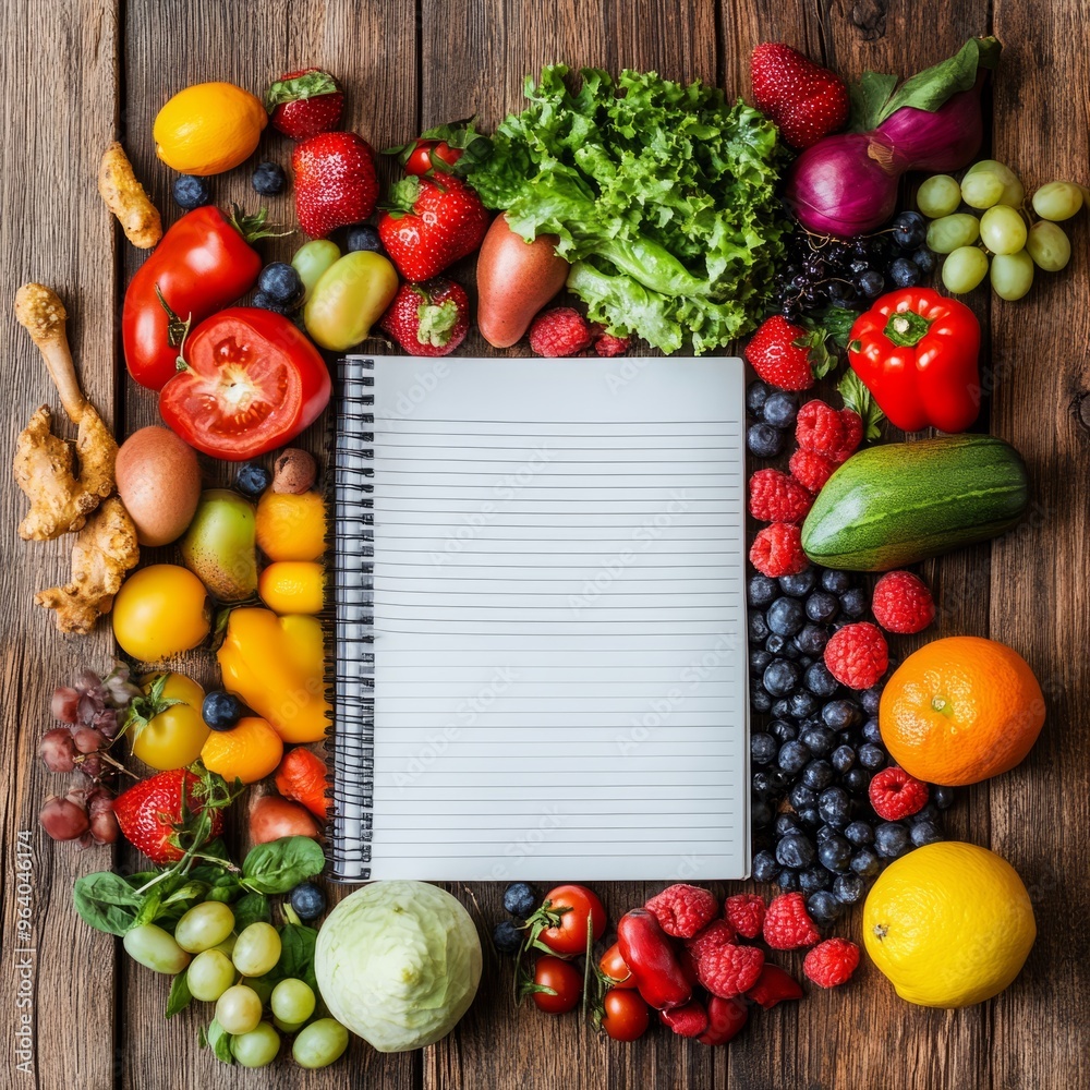 Poster A blank notepad surrounded by a variety of fresh fruits and vegetables on a wooden background.