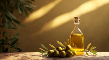 A bottle of olive oil with olives and olive branches on a wooden table.