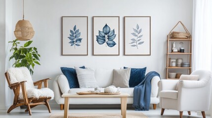 Obraz premium white wall with three posters of blue and gray leaves in the living room