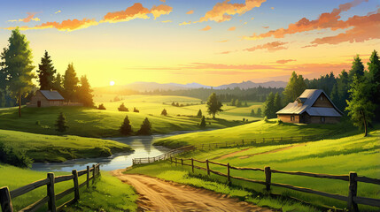Tranquil Sunset Over Idyllic Countryside Road