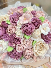 delicate bouquet handmade marshmallow in gift wrap close-up authentic lifestyle