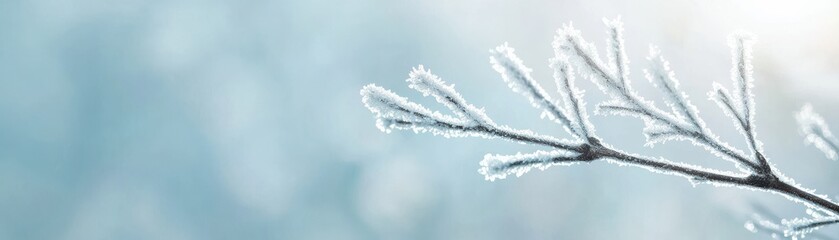 Delicate frost-covered branch against a soft blue background, evoking winter's serene beauty and tranquility.