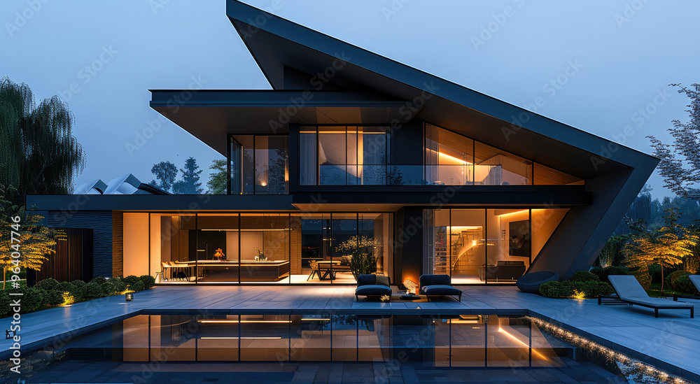 Aufkleber modern minimalist house design, night front view. main structure formed by two large triangles incli
