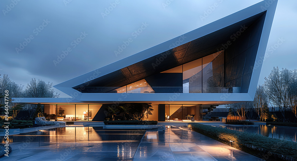Leinwandbilder modern minimalist house design, night front view. main structure formed by two large triangles incli