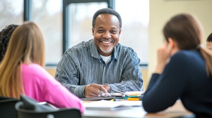 Obraz premium A teacher or mentor explaining a concept with a warm and encouraging smile, surrounded by attentive students or mentees in a bright classroom or office setting