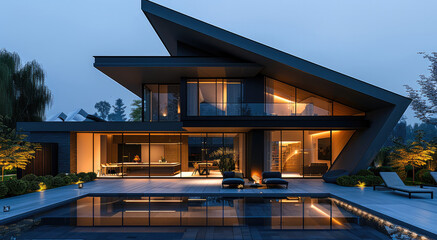 Fototapeta premium Modern minimalist house design, night front view. Main structure formed by two large triangles inclined toward the center, creating an inverted V shape. Exterior in dark metallic panel. Generative AI.