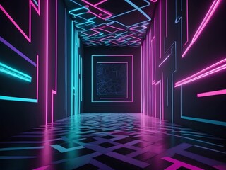 Fototapeta premium futuristic hallway with neon lights and geometric shapes, creating a tunnel effect that draws the eye into a surreal and immersive space