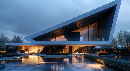 Modern minimalist house design, night front view. Main structure formed by two large triangles inclined toward the center, creating an inverted V shape. Exterior in dark metallic panel. Generative AI.