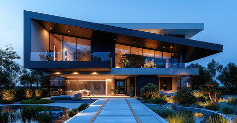 Modern minimalist house design, night front view. Main structure formed by two large triangles inclined toward the center, creating an inverted V shape. Exterior in dark metallic panel. Generative AI.