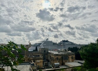Cruise ship docked in Valletta, Malta. The view of the city of Valletta from the observation deck in Malta
