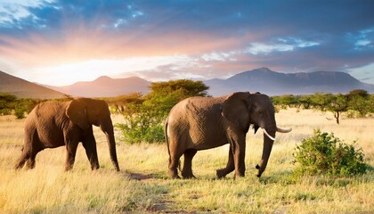 アフリカゾウのいる風景、サバンナの夕焼け