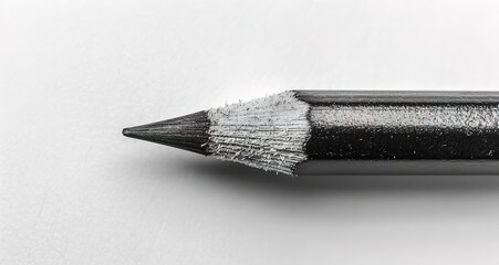 Close up macro shot of a sharpened black pencil on a white background. The pencil tip is in focus, while the rest of the pencil is slightly out of focus.
