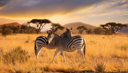 Fototapeta premium シマウマのつがい、サバンナの夕焼け
