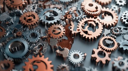 A close up of many gears, some of which are gold