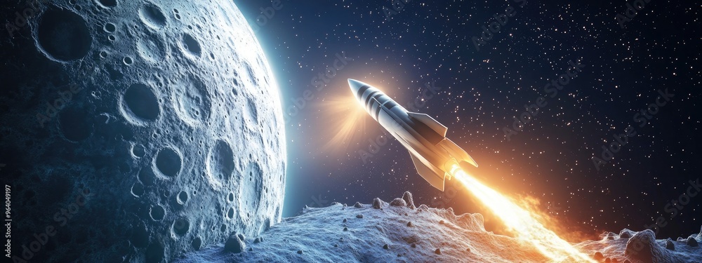 Aufkleber A rocket soaring to the moon in a 3D cartoon rendering with sunlight breaking through behind the moon