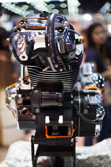Shiny chrome motorcycle engine with twin piston