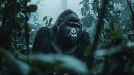 A close-up of a gorilla in the rainforest, looking pensive as it stares ahead.