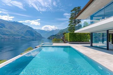 Fototapeta premium Luxurious Modern Villa with Swimming Pool, Green Lawn, and Glass Windows in Lake Como on a Sunny Day