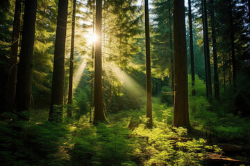 Fototapeta premium Mystical Sunlight Through Verdant Forest Canopy
