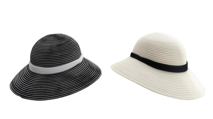 Two stylish sun hats in black and white, perfect for summer outings and beach days. Lightweight and fashionable accessories.  transparent background