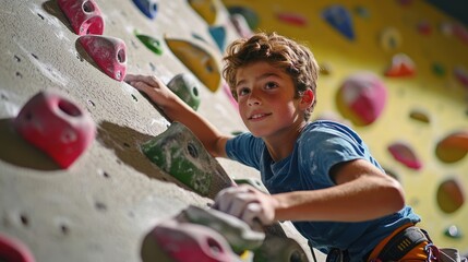 A young athlete reaching for the top of a rock climbing wall with determination