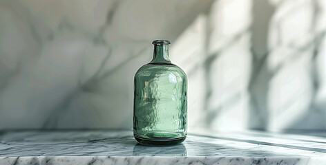 Classic green glass bottle on a marble counter. Generative AI.