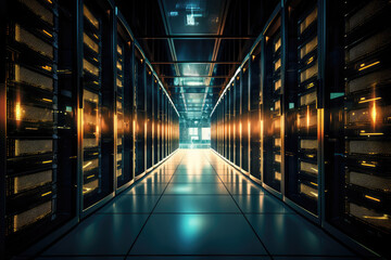 Fototapeta premium Futuristic Data Center Corridor with Advanced Servers