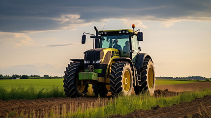 Fototapeta premium Modern Farming: Tractor at Work in Fields