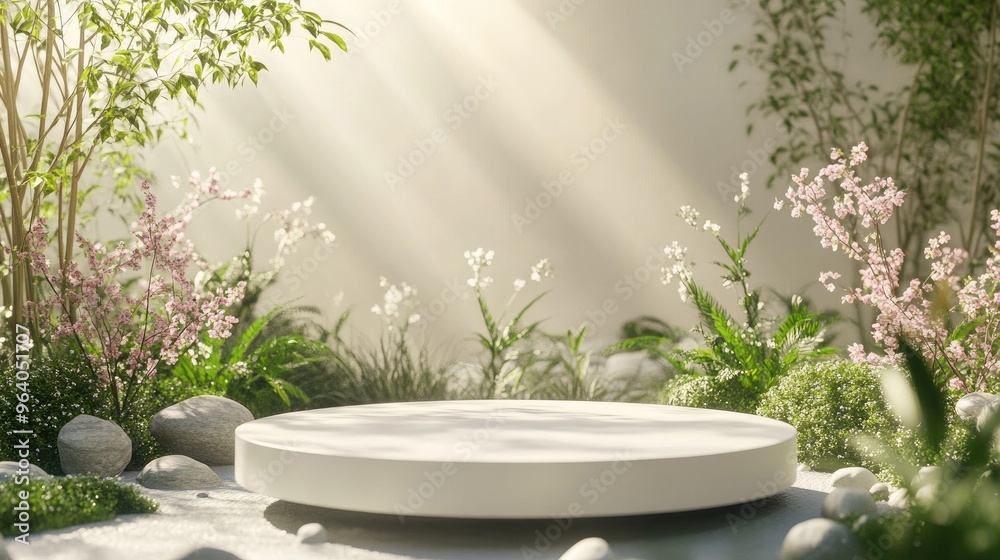 Poster natural beauty podium background for product showcasing with an abstract garden setting 3d rendering