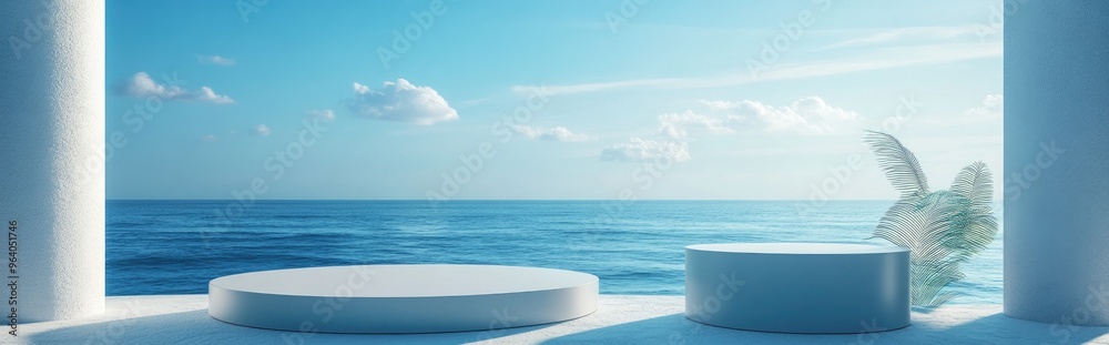 Poster summer themed product display podium set against a blue backdrop of sea and sky 3d rendering