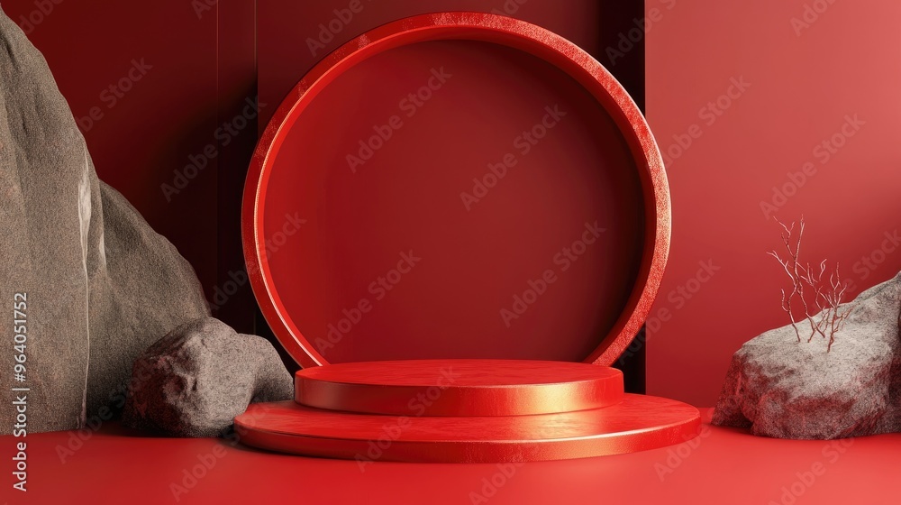 Aufkleber circular podium on red backdrop geometric design concept 3d rendering and illustration
