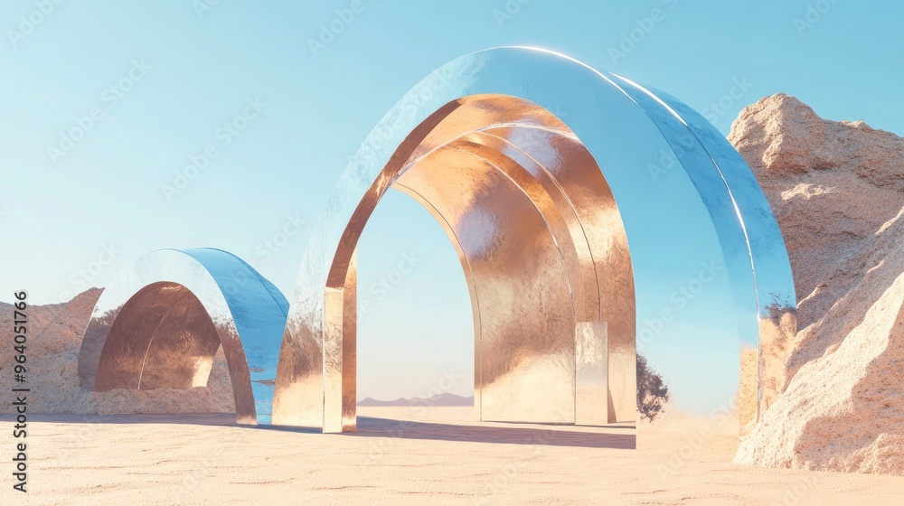 Poster abstract sandy dune cliff featuring metallic arches against a clear blue sky surreal and minimal des