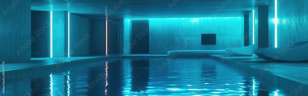 Poster futuristic sci fi room with neon lasers featuring a reflective water surface in a cybernetic undergr